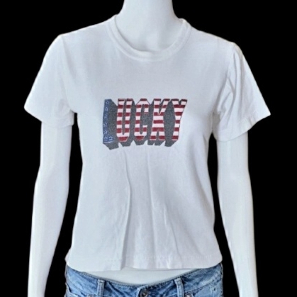 Vintage 90s Lucky Brand Knit-Wear T-Shirt - Made in USA - Patriotic 3D Logo